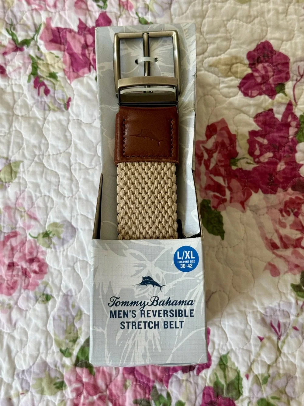 Tommy Bahama Reversible Stretch Belt. Pant Size 38-42. New in Box. Khaki/Navy.